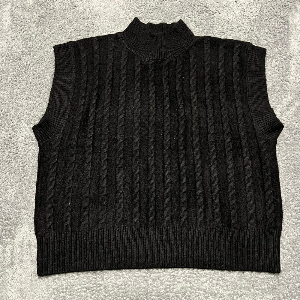 Cupcakes and Cashmere Sweater Vest Womens Large Black Knit Moc Neck Preppy - Picture 1 of 7